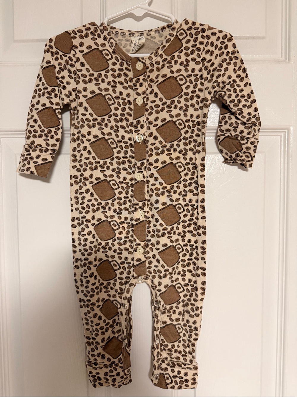 NWOT Bamboo Beige Brown Coffee Cup and Bean Print One-Piece Button Romper